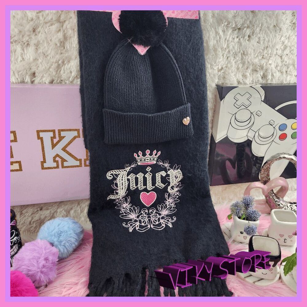 ❤️ NWT Juicy Couture Black Faux-Fur Beanie & Scarf Set Winter Chic ❤️
